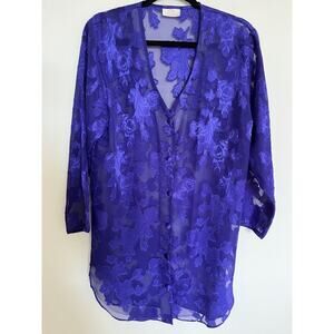 LA Intimates Purple Lace-like Floral Sheer Fabric Lingerie Shirt - Size M